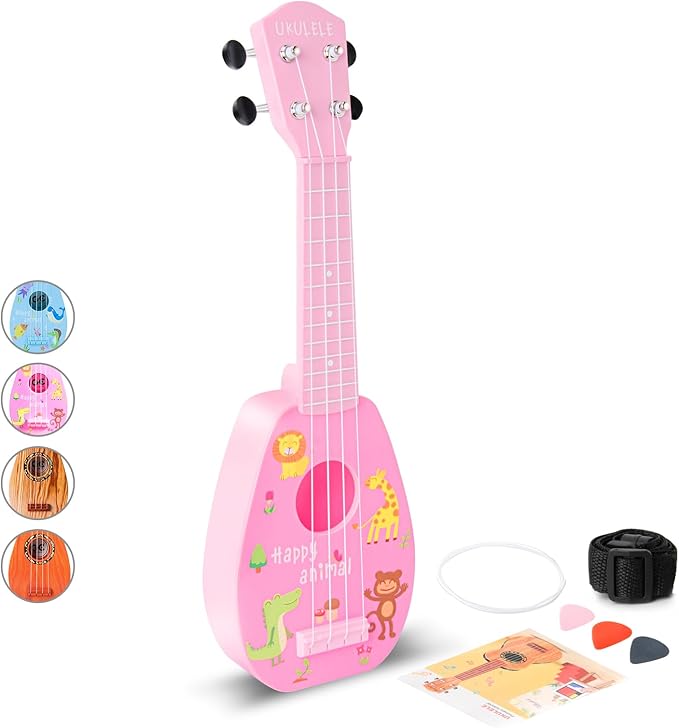 YOLOPARK 17" Kids Toy Guitar for Girls Boys, Mini Toddler Ukulele Guitar with 4 Strings Keep Tones Can Play for 3, 4, 5, 6, 7 Year Old Kids Musical Instruments Educational Toys for Beginner (Pink)