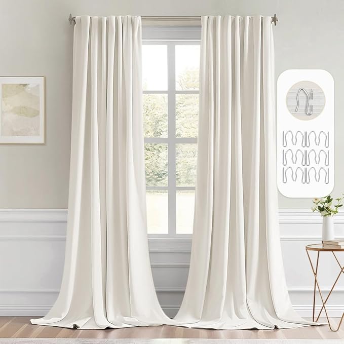 MIULEE Ivory Back Tab Blackout Curtain 96 Inch Long 2 Panels Set for Bedroom, Rod Pocket/Pinch Pleat Thermal Insulated Living Room Darkening Pleated Light Blocking Floor to Ceiling Drape