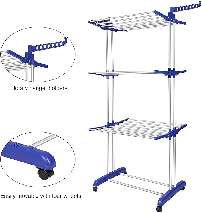 Bigzzia Clothes Drying Rack, Folding Stainless Steel Drying Rack Clothing Indoor Outdoor, Space-Saving, 4 Tier Laundry Drying Rack with Two Side Wings Grey Blue