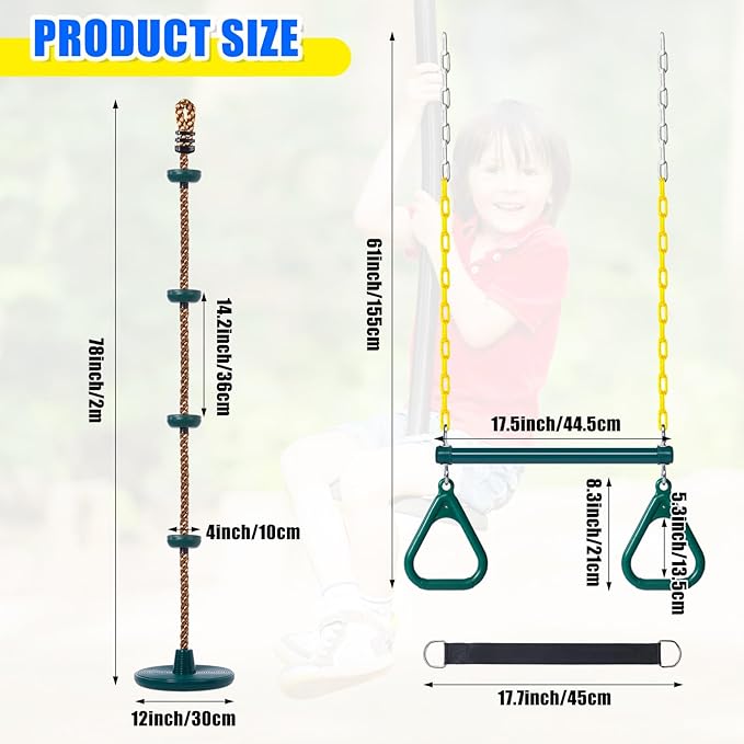 Hungdao 2 Set Gym Ring Trapeze Swing Bar and Climbing Rope with Platforms Disc Heavy Duty Coated Chains Seat Accessories for Outdoor Indoor Playground Backyard(Green)