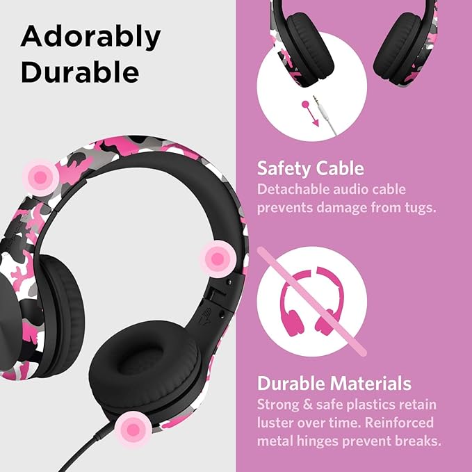 LilGadgets Connect+ Pro Wired Kids Headphones for School w/Microphone, Volume Limiting & Noise Reducing Over-Ear Headset w/Cord, SharePort Technology & SoftTouch Padding, Pink Camo Wired Headphones