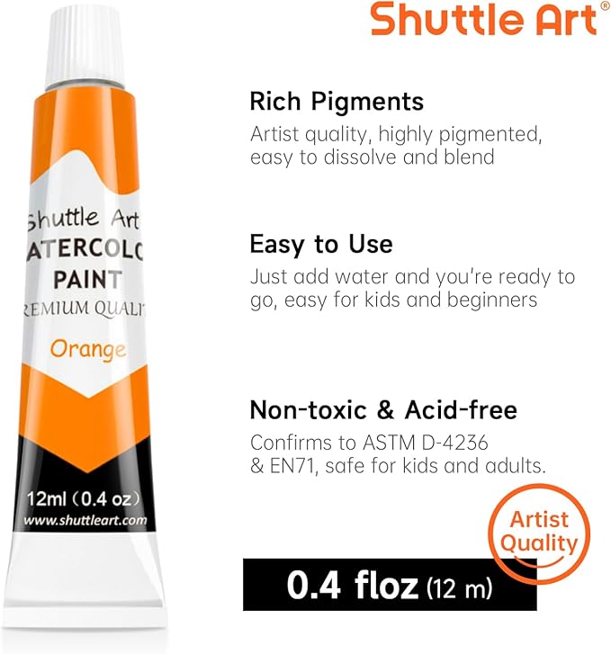 Shuttle Art Watercolor Paint Set, 36 Colors Watercolor Paint in Tubes (12ml Each) with 3 Brushes, Rich Pigment, Easy to Blend, Perfect for Kids, Artists, Beginners, Students