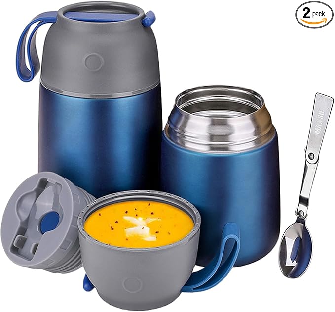 Insulated Thermo Food Jar for Hot & Cold Food for Kids Adult, 17&24 oz Soup Thermal Hot Food Containers for Lunch, Triple Layer Insulation Stainless Steel Food Jar with Spoon (2 Pack Blue)