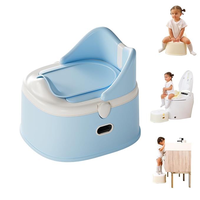 3 in 1 Toddler Potty Training Toilet Seat with Steps Ladder, Foldable Potty Train Chair Adapter for Toddlers Kids Boys Girls, Blue