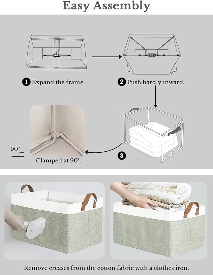 StorageWorks Storage Bins, Fabric Storage Bins for Shelves, Large Storage Baskets with Metal Frame, Closet Baskets and Bins with Handles, Green and White, 2-Pack