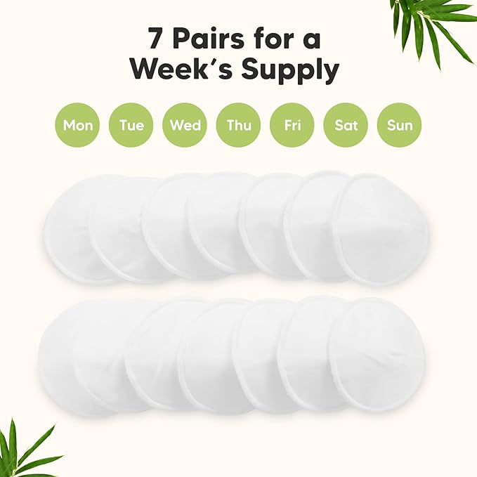 Organic Nursing Pads - 14 Washable Viscose Derived from Bamboo Breastfeeding Pads, Wash Bag, Reusable Breast Pads for Breastfeeding, Nipple Pads for Breastfeeding Essentials(Soft White, L 4.8")