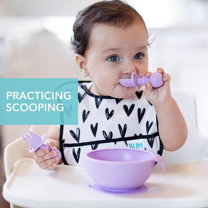 Bumkins Baby Utensils Set, Chewtensils Silicone Spoons for Dipping, Self-Feeding, Baby Led Weaning, Trainer Learning, First Stage Eating, Soft Practice Fork and Spoon, Babies 6 Months, Lavender