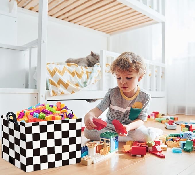 HIYAGON Rectangular Car Basket for Boys Checkered Basket Kids Baby Storage Bin Toy Organizer Box Car Room Decor(Racing Flag)