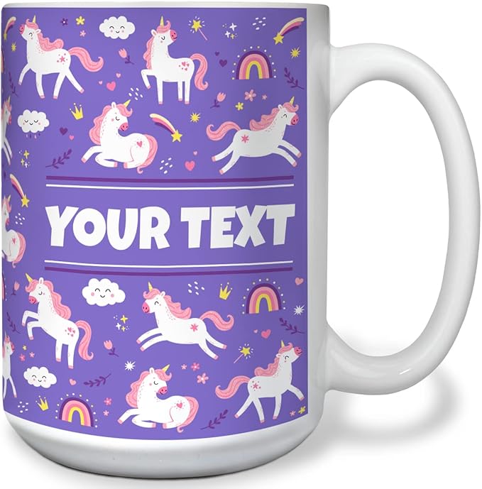 Personalized Mug for Kids - Purple Unicorn - Custom Name/Text, Ceramic Hot Chocolate/Cocoa/Coffee Cup for Girls, Birthday/Christmas/Holiday Gift - 15 oz, White Handle