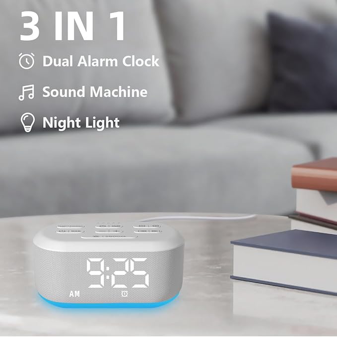 Small Digital Alarm Clock Sound Machine for Bedrooms Brown Noise White Noise Machine Night Light Plug in Desk Clock with 30 Wake up Sounds Alarm Clock for Kids Heavy Sleepers Snooze 32 Levels Volume