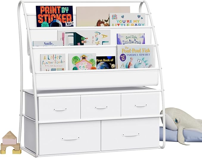 NACHES 3-Tier Kids Bookshelf with 5 Fabric Drawers, Metal Toy Storage Organizer for Kids Room, Living Room & Study Room, White (White)