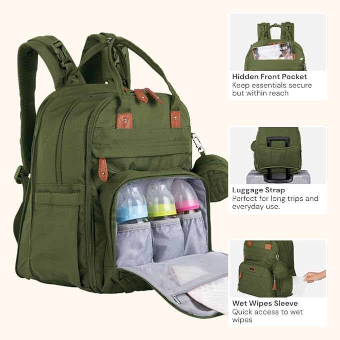 BabbleRoo Extra Large Diaper Bag Backpack, Expandable Baby Bag with Up to 50% More Capacity - Travel Essentials Baby Bag Tote with Changing Pad, Stroller Straps & Pacifier Case - Unisex, Forest Green