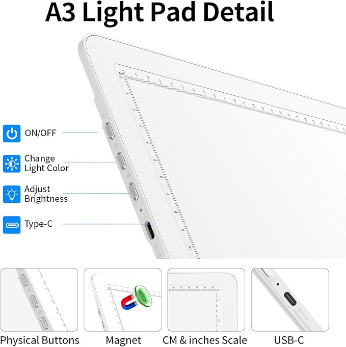 TOHETO Rechargeable A3 Light Board with Stand, Super Bright Magnetic Light Pad with Side Buttons, Wireless Light Box for Tracing and Drawing, Cordless LED Light Table for Diamond Painting, Sketching