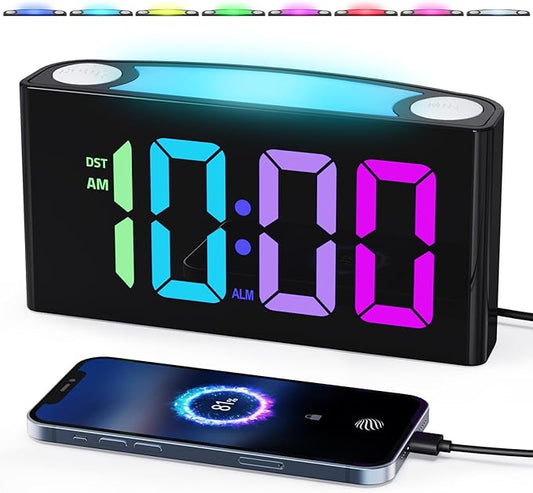 PPLEE RGB Digital Clock-Alarm Clocks for Bedrooms,Large Bold Number 7 Dimmers,Battery Backup Loud Alarm Clock,8 Modes Night Light,Dual Charger USB&Type-C,Bedside Desk Clock for Kid Adult Heavy Sleeper