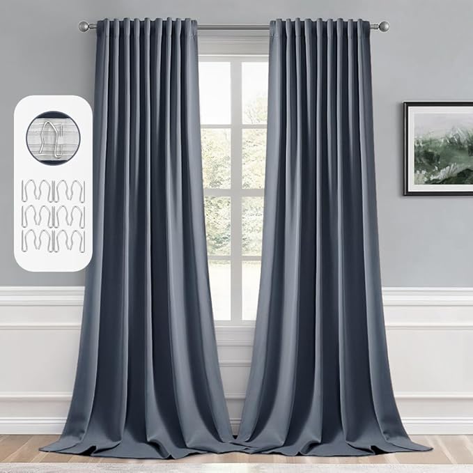 MIULEE Stone Blue Back Tab Blackout Curtains 102 Inch Long 2 Panels Set for Bedroom, Rod Pocket/Pinch Pleated Thermal Insulated Living Room Darkening Light Blocking Floor to Ceiling Drapes