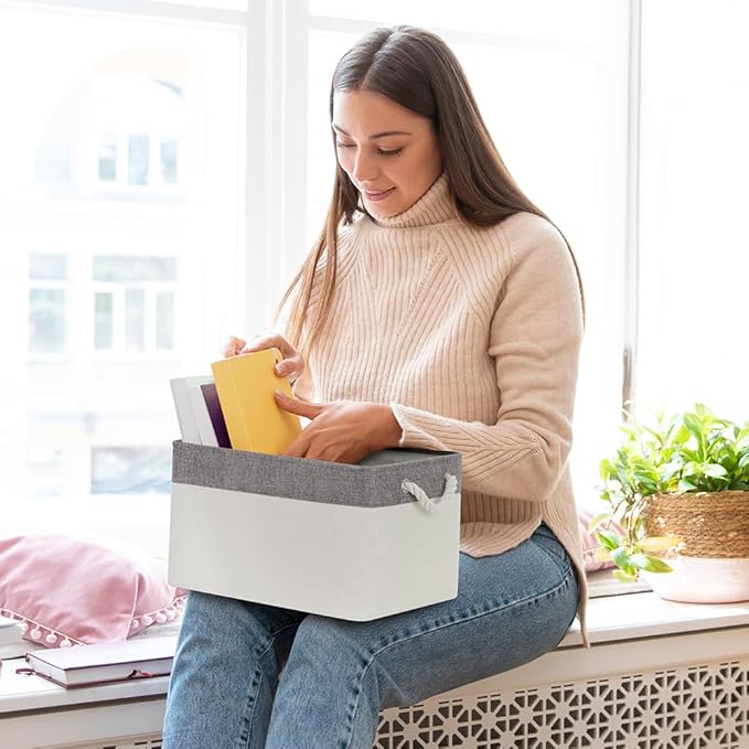 Organization and Storage Basket for Organizing - Large 4 Pack 16x12x8 inch Fabric Storage Cube Collapsible Baskets for Shelves, Storage Bins for Cloth Books (Grey & White)