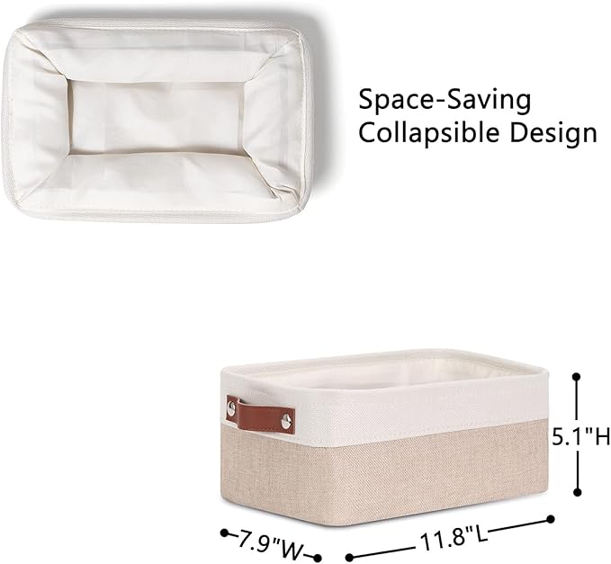 DULLEMELO Small Storage Bins, Storage Baskets for Organizing, Collapsible Rectangular Fabric Baskets for Shelves, Closets, Nursery, Home, Office, Empty Gift Baskets (6-Pack, White&Khaki)