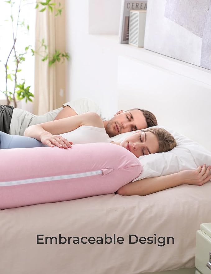 Momcozy Body Pillow for Pregnancy, J Shaped Pregnancy Pillows for Side Sleeping, Soft Maternity Pillow with Jersey Cotton Cover for Head Neck Belly Support, Pink