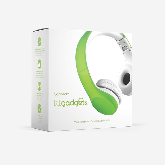 LilGadgets Connect+ Wired Kids Headphones for School with Mic, Volume Limited & Noise Reduction, On-Ear Headset with Cord, SharePort Technology for Multiple Kids & SoftTouch Padding, Green