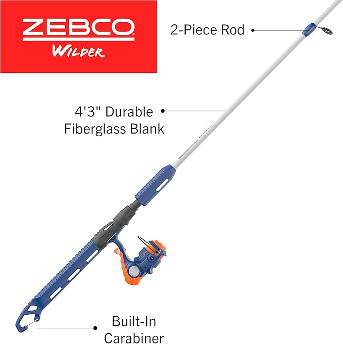 Zebco Wilder Fishing Reel and Rod Combo, 4'3" Durable Fiberglass Rod with Built-In Carabiner, Patented No-Tangle Reel, Pre-Spooled with 6-Pound Zebco Cajun Fishing Line, Blue/Orange