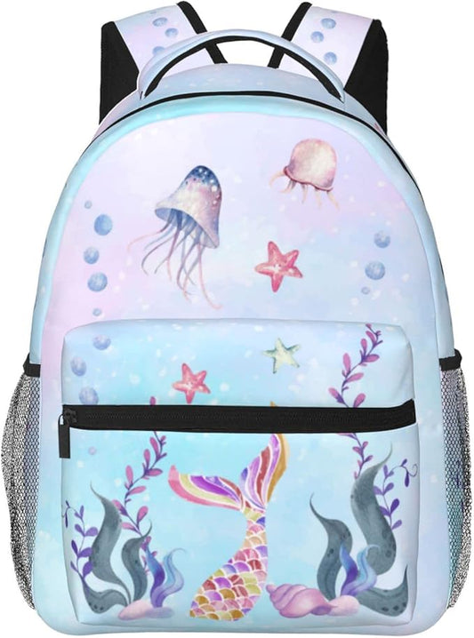Girls Mermaid Backpack, Girl's Dreamy Underwater World School Bag with Jellyfish & Starfish Prints, Kawaii Lightweight Bookbag for Girls Boys Age 5-12, Ideal for School Travel Outdoor Hiking