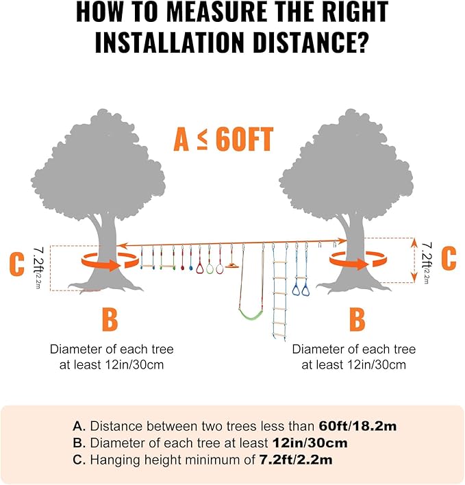 VEVOR Ninja Warrior Obstacle Course for Kids, 2 x 60 ft Weatherproof Slacklines, 500lbs Weight Capacity Monkey Line, Outdoor Playset Equipment, Backyard Toys Training Equipment Set with 14 Obstacles