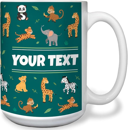 Personalized Mug for Kids - Zoo Animals - Custom Name/Text, Ceramic Hot Chocolate/Cocoa/Coffee Cup for Boys/Girls, Birthday/Christmas/Holiday Gift - 15 oz, White Handle