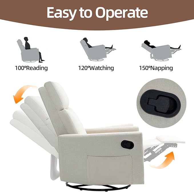 Swivel Rocker Recliner Chairs Set of 2, Upholstered Fabric Nursery Rocking Glider Chair with Adjustable Backrest and Footrest, Lay Flat Recliner Single Lazy Sofa for Living Room(Beige)