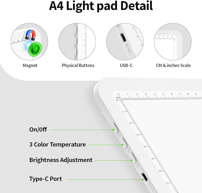 Up To 9000Lux Super Bright A4 Light Pad,Rechargeable light box with 4000mAH Lithium Battery for Cricut Weeding Vinyl Tool,Magnet light box for tracing,light board for Diamond Painting,Sketching(White)