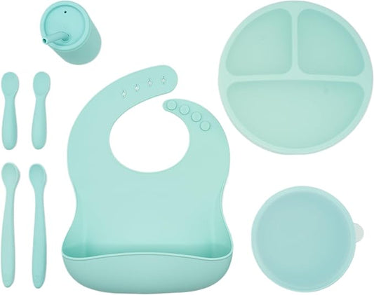 WeeSprout Baby Led Weaning Bundle, Silicone Suction Bowl, Spoons, Bib & Cup, Develops Self Feeding Skills, Dishwasher Safe (Mint)