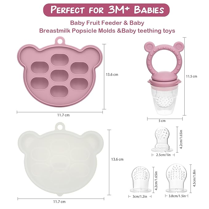 WAJIAYON Baby Breastmilk Popsicle Molds & Baby Fruit Feeder (2 Pack), Infant Food Freezer Tray Storage Containers, Silicone Teething Pacifier Feeder and Teether for Babies - Blush