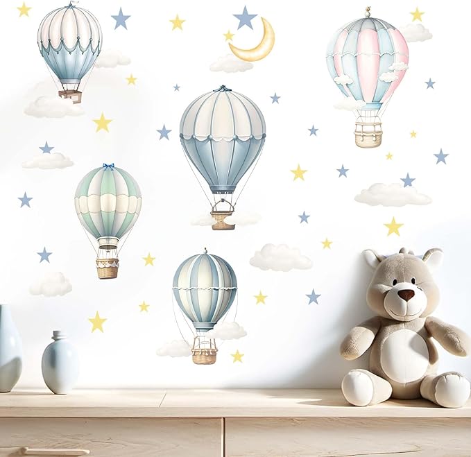Balloon Wall Decals for Kids Room: Peel and Stick Hot Air Balloon Stars Cloud Wall Stickers - Baby Nursery Boys Room Girls Bedroom - Children Supplies Ages 1-12 Years Wall Decor Art