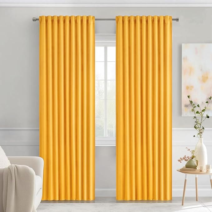 MIULEE Yellow Back Tab Blackout Curtains 90 Inches Long 2 Panels Set for Living Room Bedroom Privacy, Rod Pocket/Pinch Pleat Thermal Insulated Room Darkening Pleated Light Blocking Drapes