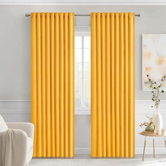 MIULEE Yellow Back Tab Blackout Curtains 90 Inches Long 2 Panels Set for Living Room Bedroom Privacy, Rod Pocket/Pinch Pleat Thermal Insulated Room Darkening Pleated Light Blocking Drapes