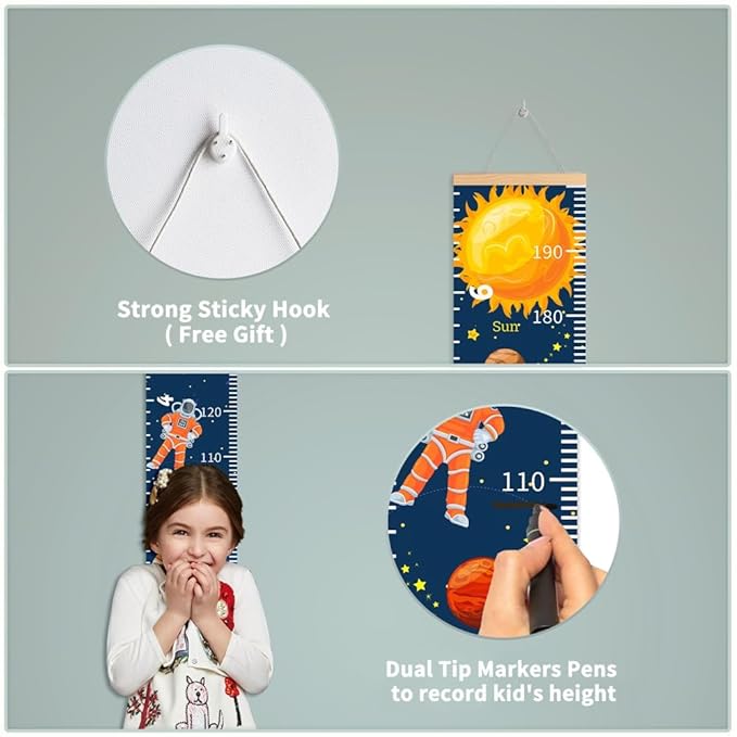 Colorful Alphabet Growth Chart for Kids Baby Height Chart Ruler Removable Canvas Wooden Frame Hanging Wall Rulers Measurement Charts for Toddler Room Nursery Decor - 79"X7.9" with Beige Wood