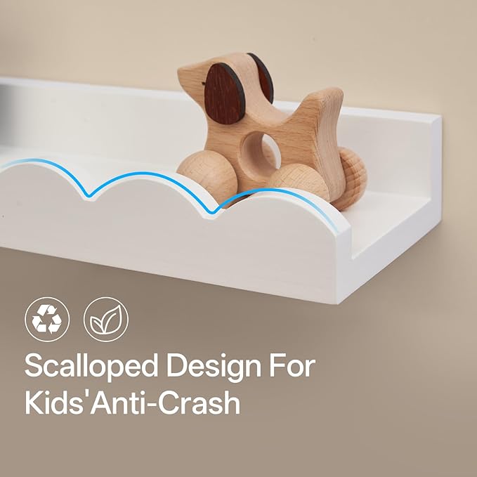 Nursery Book Shelves, Scalloped Floating Shelves Set of 2 Solid Pine Wood Wall Mounted Bookshelf with Wave Lip for Bedroom Kids, Toddler Room, Baby Room White 36inch