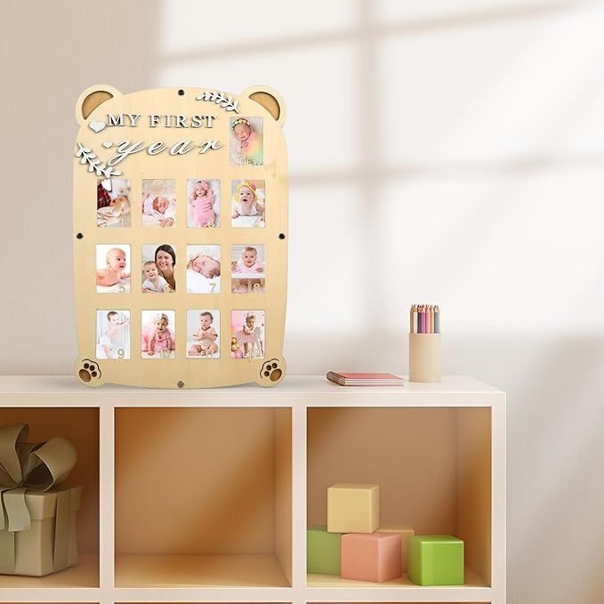 My First Year Picture Frame,One Year Of Photo Board, Baby's First Twelve Months Photo Collage and Gender Neutral Keepsake, Ideal for Baby Shower,New Mom Keepsake Gift and Nursery Decor - With Stand (Cat sign)