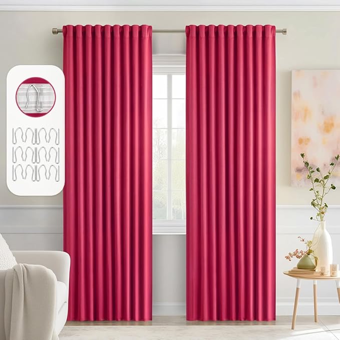 MIULEE Hot Pink Back Tab Blackout Curtains 90 Inches Long 2 Panels Set for Living Room Bedroom Privacy, Rod Pocket/Pinch Pleat Thermal Insulated Room Darkening Pleated Light Blocking Drapes