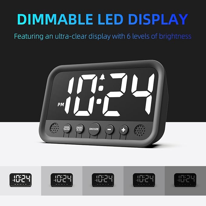 Small LED Digital Clock for Bedroom, Loud Alarm Clock for Heavy Sleepers Adults, Teens | Plug-In Electric Desk Clock | Simple Bedside Nightstand Clock with Adjustable Volume/Brightness/Snooze – White