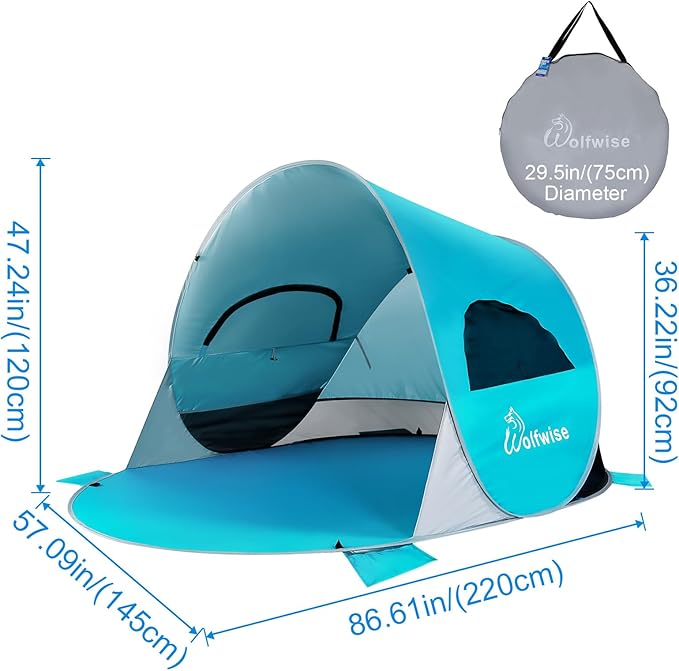 WolfWise UPF 50+ Easy Pop Up 3 Person Beach Tent Sport Umbrella Instant Sun Shelter Tent Sun Shade Canopy