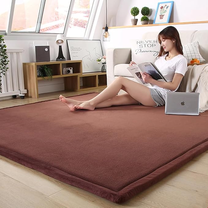 Loartee Coral Velvet Crawling Rug (5.0'x 6'8", Coffee) for Toddler Children Play Area Rug Yoga Mat Exercise Pad Carpet