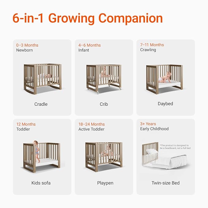 EvoNest Baby Crib, 6 in 1 Convertible Mini Crib with Wheels, 100% New Zealand Wood Growing Bed, 4 Adjustable Mattress Height，Walnut Brown (Walnut Brown)