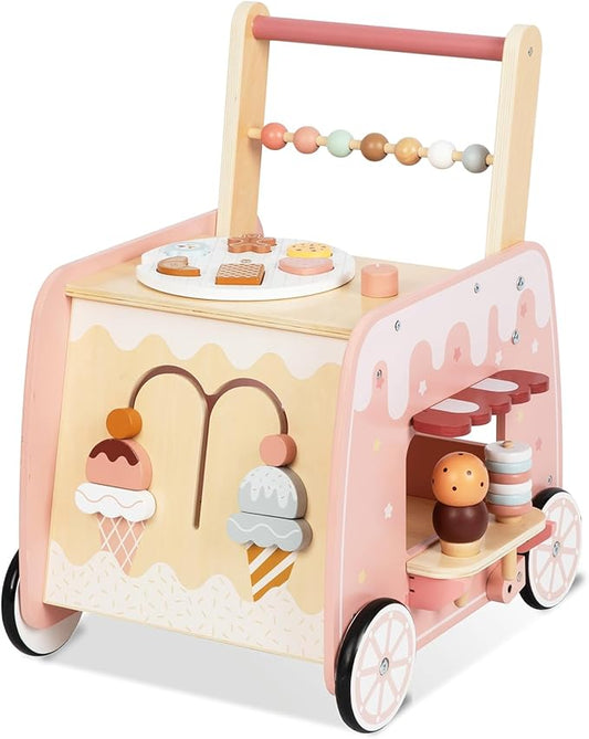 Wooden Baby Walker, Multifunctional Ice Cream Cart Activity Toy for Learning to Push Walk with Wheels, Pretend Playset Ideal for Toddlers, Boys and Girls Ages 18-36M