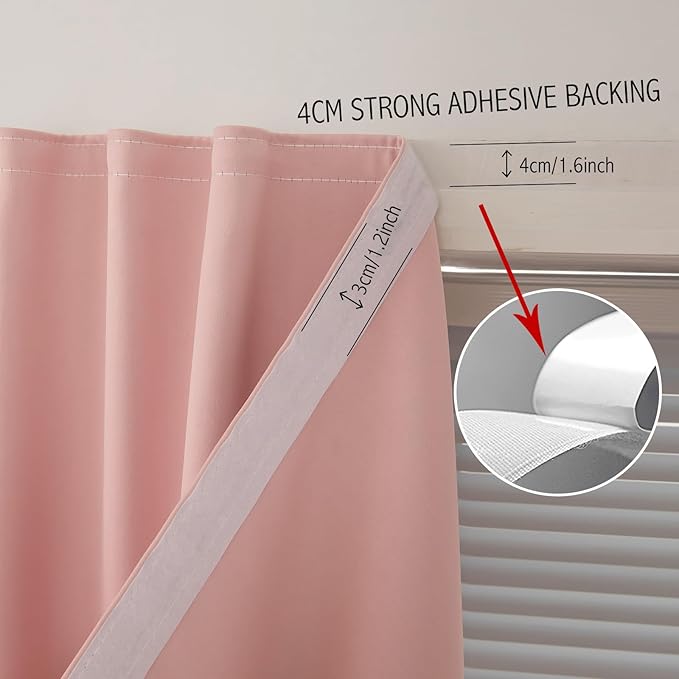 Self Adhesive Blackout Curtains- Stick on Curtains Shades Window Blinds Curtains No Rod Needed Easy to Hang Curtain, Use for Bedroom, Living Room,Roman Shades, 59" W X 59" L, Pink, 1 Panel