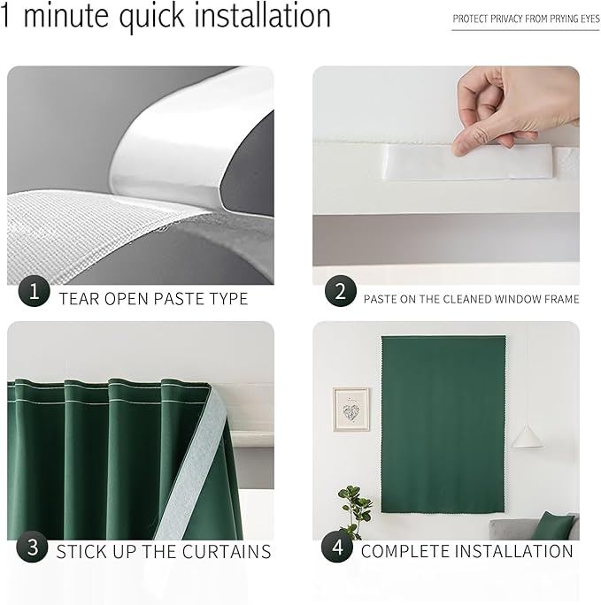 Blackout Curtains for Bedroom Stick On Curtains Window Shades Pull Down Blackout Window Cover No Drillng Self Adhesive Curtains No Rod Small Curtain, 59" W X 71" L, Dark Green, 1 Panel