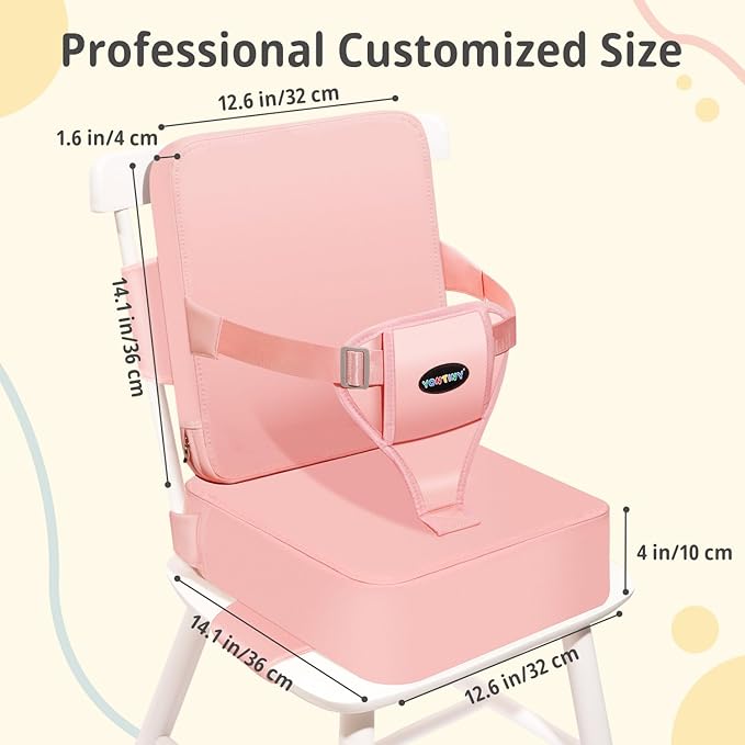 Toddler Booster Seat for Kitchen Chair, 2-in-1 Dining Table Booster Seat with Backrest & Adjustable Straps – Easy-Clean, PU Portable Toddler Eating Travel Increasing Cushion - Pink