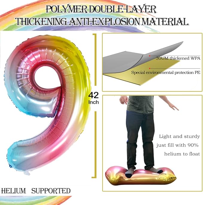 GOER Rainbow Foil Balloons Number 9,Huge Number Balloons for 9th Birthday Party Supplies Anniversary Decorations (3 pcs,42 inch,32 inch,16inch)