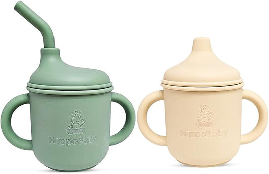 Silicone Transition Sippy Cup for 6+ month old | Includes 1 Toddler straw cup & 1 Baby Sippy Cup with Handles 5 oz | Perfect for Baby Led Weaning (Mint/Cream, 5 oz)