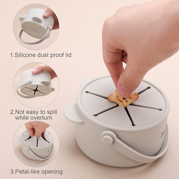 Snack Cups for Toddlers, Silicone Snacks Containers, Baby Food Catcher Spill Proof, Kid Snacks Holder with DustProof Lid, 2 Pack Dishwasher Safe and BPA Free 9 Oz