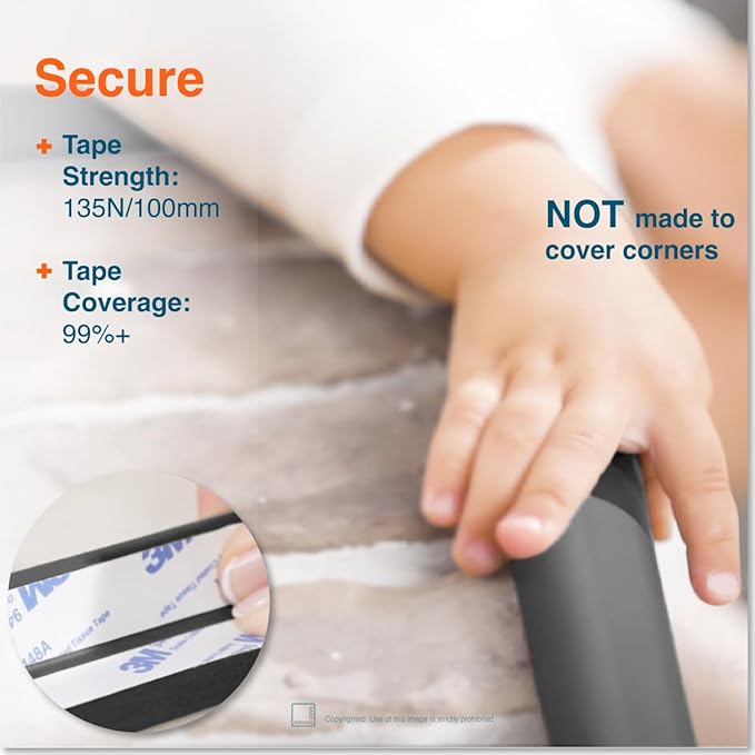 Roving Cove HeftyFit Edge Protector for Baby Proofing (12ft Large Edge Only), Heavy-Duty Soft Rubber Foam Furniture Edge Bumper Guard, Desk Edge Cushion, Wall Corner Covers, 3M Adhesive, Onyx Black